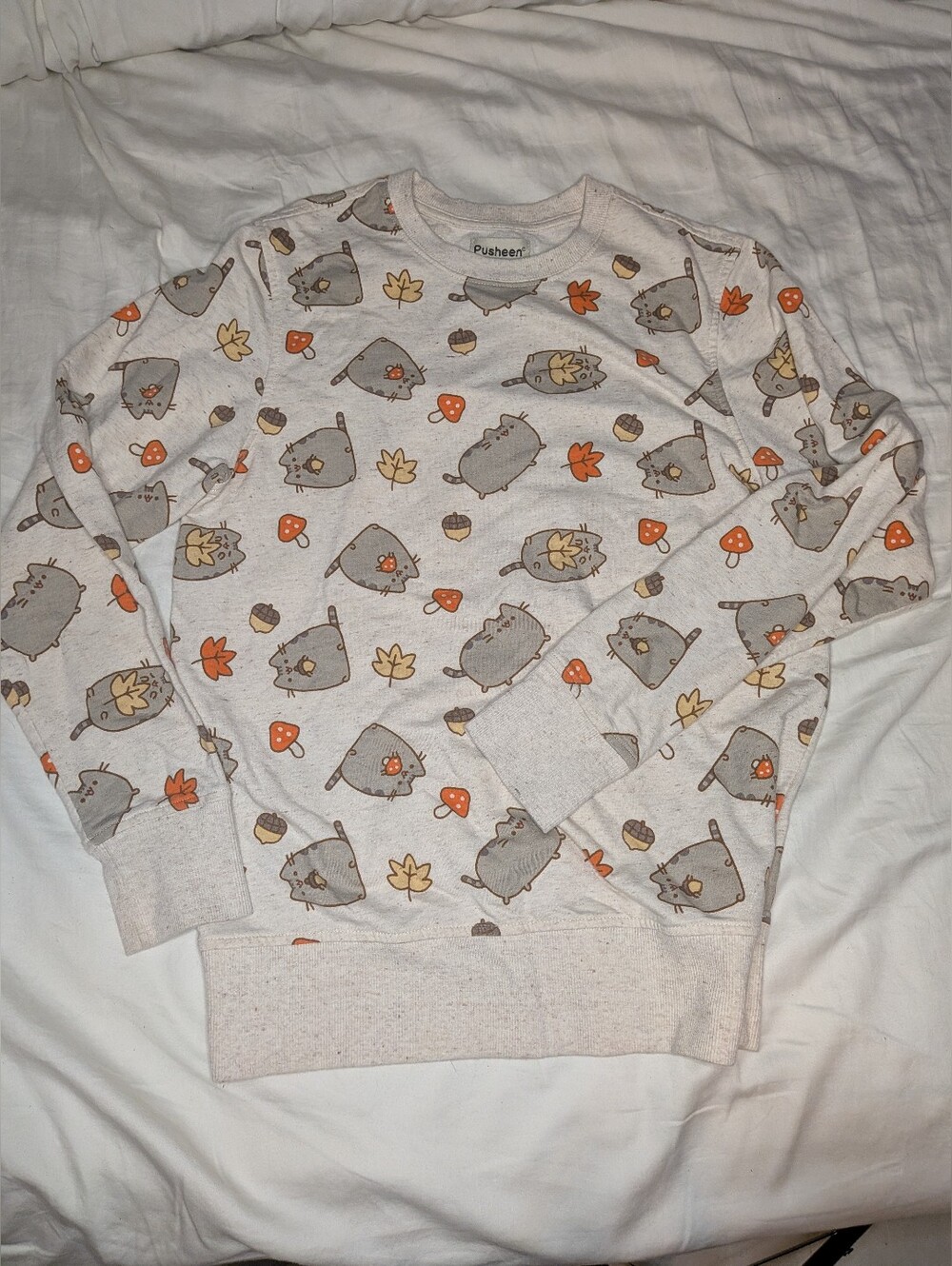 Pusheen Women's Crewneck Sweater in Cream with Orange & Brown Accents Autumn